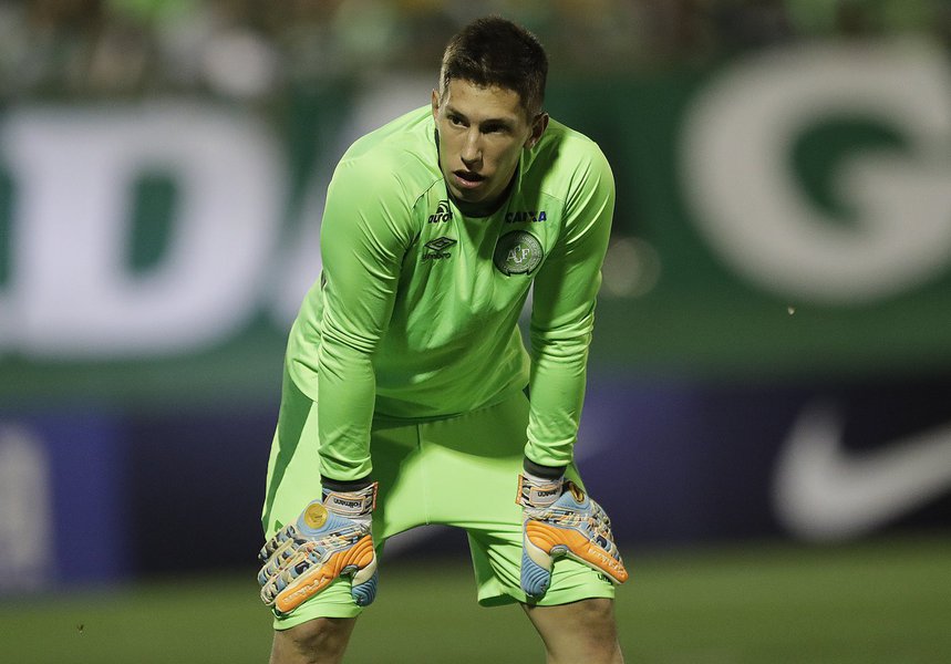 In this Nov. 23, 2016 photo, Brazil's Chapecoense goalkeeper Follmann, warms up prior to a Copa Sudamericana semifinal soccer match against Argentina's San Lorenzo in Chapeco, Brazil. 