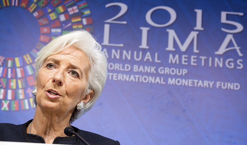 International Monetary Fund Managing Director Christine Lagarde holds her press conference October 8, 2015 during the 2015 IMF/World Bank Annual Meetings in Lima, Peru. IMF Staff Photo/Stephen Jaffe