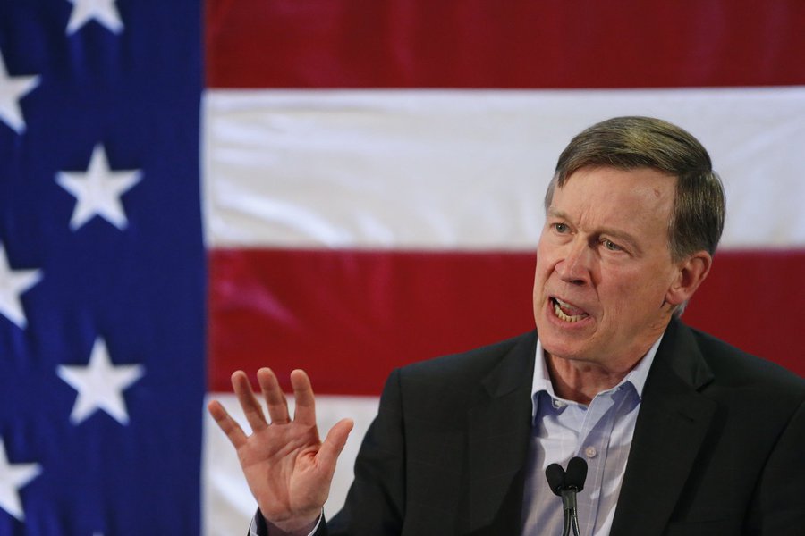 Colorado Gov. John Hickenlooper speaks during a rally at which former President Bill Clinton urged Coloradans to reelect Gov. Hickenlooper, U.S. Sen. Mark Udall, and other Democratic candidates, in Lakewood, Colo., Tuesday, Oct. 28, 2014.