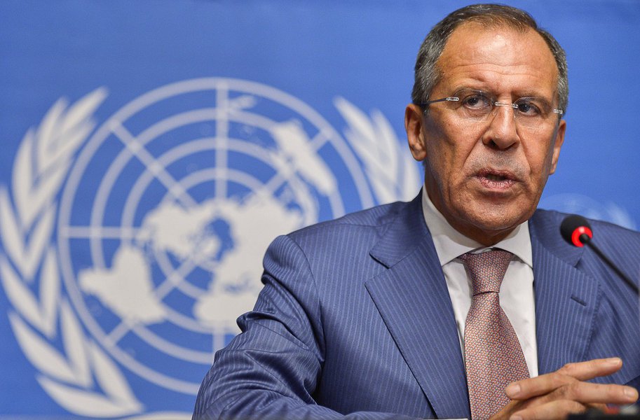 Russian Foreign Minister Sergei Lavrov speaks during a press conference at the United Nations' offices in Geneva on June 30, 2012,  after a ministerial-level meeting of world powers on Syria. Lavrov said any power transition in Syria would be decided by S