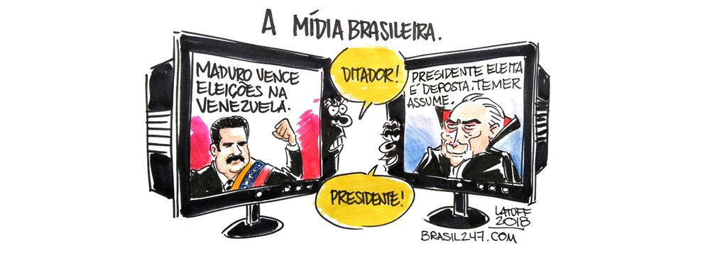 O chargista Carlos Latuff criticou a hipocrisia da mídia tradicional brasileira, que vê o presidente da Venezuela, Nicolas Maduro, como um ditador, mesmo ele tendo sido eleito pelo voto popular; ao mesmo tempo, a imprensa brasileira chama de presidente Michel Temer, que chegou ao poder por meio de um golpe parlamentar contra Dilma Rousseff