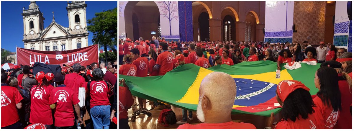 Com faixa "Lula Livre", bandeira do Brasil e roupa vermelha, multidão pediu liberdade a Lula a Nossa Senhora, numa vigília na cidade de Aparecida do Norte, em São Paulo; assista
