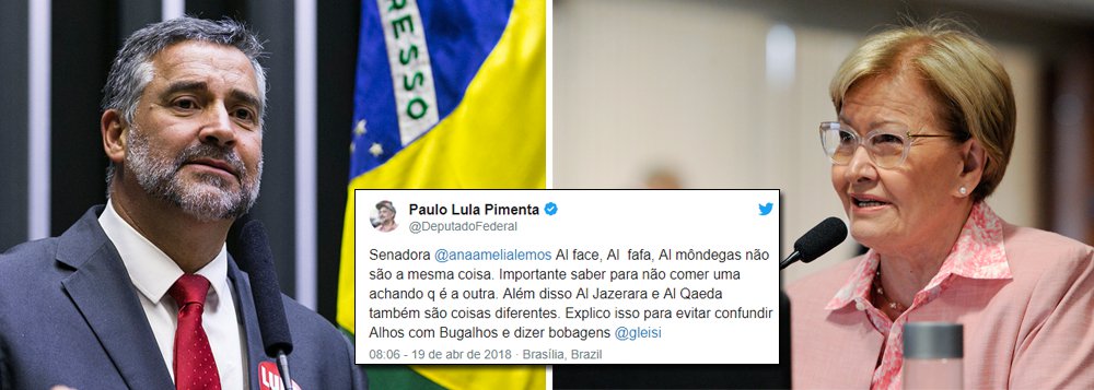 O deputado federal, Paulo Pimenta (PT-RS), postou em sua conta do Twitter frase ironizando a fala da Senadora Ana Amelia (PP-RS) sobre entrevista de Gleisi Hoffmann à rede de TV Al Jazeera; "Senadora @anaamelialemos Al face, Al fafa, Al môndegas não são a mesma coisa. Importante saber para não comer uma achando q é a outra. Além disso Al Jazerara e Al Qaeda também são coisas diferentes", postou; em discurso no Senado, Ana Amélia disse esperar que a fala de Gleisi "não tenha sido para convocar o Exército Islâmico a vir ao Brasil proteger o PT!"