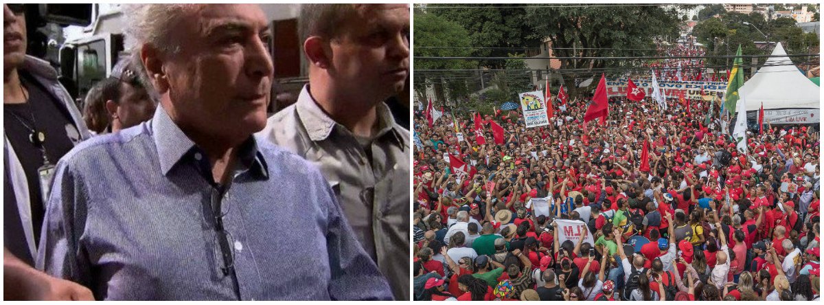 Manhã de primeiro de maio, milhares de pessoas dão bom dia ao ex-presidente Lula, em Curitiba. "Bom dia, Presidente Lula!" Enquanto isso, em São Paulo, uma multidão vaia Temer, chamando-o de ladrão e vagabundo. "Vai embora, vagabundo... ladrão..." Eis a síntese do Brasil de hoje
