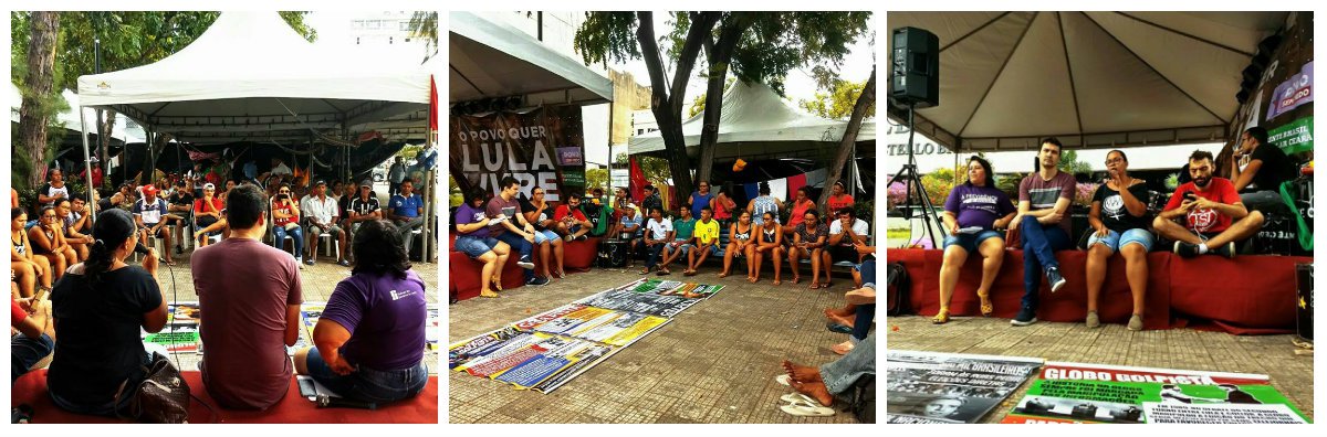 A programação do acampamento Lula Livre, na Praça da Justiça, na manhã de hoje (13), promoveu a Aula Pública "Mídia e Golpe".  A atividade teve como objetivo fazer uma reflexão sobre a centralidade da luta pela democratização da comunicação e o papel da mídia tradicional no golpe de 2016