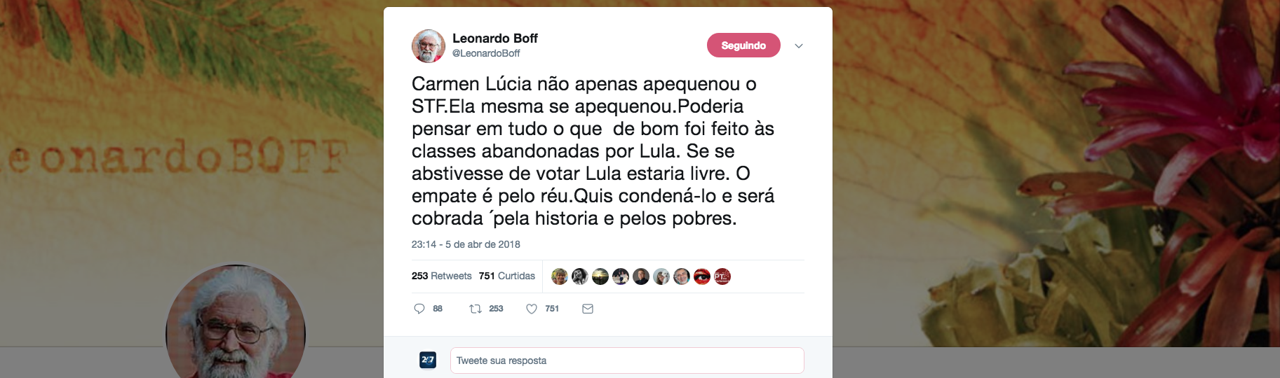 O teólogo Leonardo Boff diz que Cármen Lúcia, presidente do STF, é a responsável pela prisão ilegal do ex-presidente Lula e diz que ela será cobrada não apenas pela história, mas também pelos mais pobres, que são as principais vítimas do golpe de 2016 no Brasil, e que prossegue com a caçada a Lula