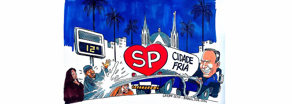 Cartunista Carlos Latuff demonstra em sua nova charge a "atenção" que o prefeito de São Paulo, João Doria (PSDB), dispensa aos moradores de rua da capital paulista