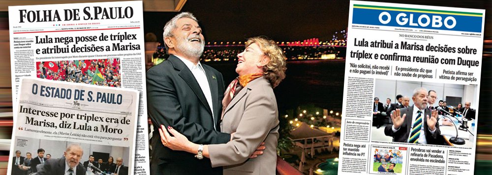 Jornalista Marcelo Costa dos Santos comenta a linha adotada pelos três principais jornais do País nesta quinta-feira 11, um dia após o depoimento de Lula ao juiz Sergio Moro sobre o triplex no Guarujá; "O noticiário é todo voltado para que se interprete que Lula jogou para dona Marisa o crime. Mas qual o crime mesmo? A posse do triplex? Afinal, Moro apresentou a tal prova cabal ou qualquer provinha que seja? Nem antes nem depois da audiência. Então, filhos, não tem crime e não tem empurra pra ninguém"; "Moro sequer conseguiu provar relação causal que justificasse o que ele acha que é presente da OAS às ações de Lula enquanto presidente", destaca Costa; para ele, a manchete mais honesta seria: "Moro toma chinelada e não apresenta provas de que Lula é dono do triplex"