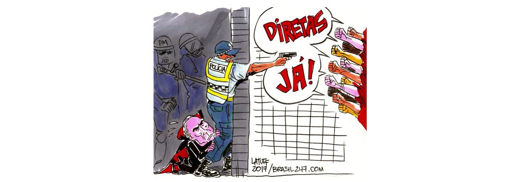 Cartunista Latuff retrata a tragédia brasileira: um governo ilegítimo que usa a polícia e as Forças Armadas para se proteger da população, golpeada por políticos corruptos