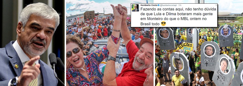 "Fazendo as contas aqui, não tenho dúvida de que Lula e Dilma botaram mais gente em Monteiro do que o MBL ontem no Brasil todo", postou o senador no Twitter, em referência ao evento de inauguração da Transposição do rio São Francisco, com a presença de Lula e Dilma, e que reuniu 30 mil pessoas no último dia 15
