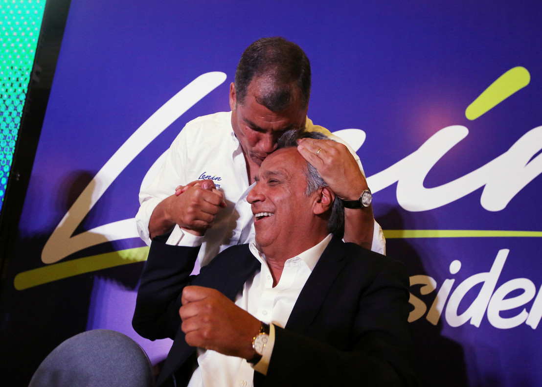 Ecuador's President Rafael Correa (top) kisses Lenin Moreno, candidate of the ruling PAIS Alliance Party, at the Hotel Colon during the presidential election in Quito, Ecuador February 19, 2017. REUTERS/Mariana Bazo
