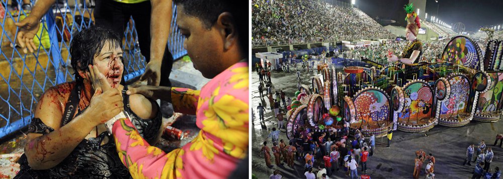 Um carro alegórico desgovernado da Escola de Samba Paraíso de Tuiuti deixou 20 pessoas feridas, na noite deste domingo (26), durante o início da abertura do desfile na Marquês de Sapucaí, no Rio de Janeiro; pelo menos oito vítimas foram prensadas junto à grade que separa as escolas de samba do público; 12 feridos foram tendidos no próprio sambódromo, os demais foram encaminhados para hospitais; perícia feita no carro não detectou que tenha ocorrido problema técnico