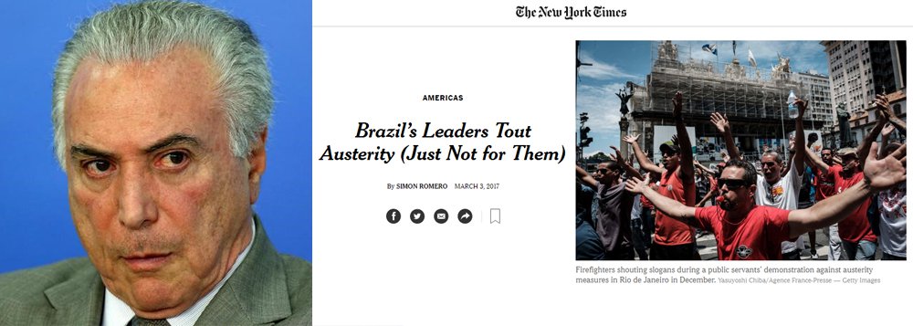 Jornal norte-americano The New York Times critica a "desigualdade" nas reformas fiscais em curso no Brasil; jornal relata que, enquanto os trabalhadores terão benefícios cortados, juízes e políticos têm aumentos de salários e cita que o Congresso, "em vias de aprovar uma reforma previdenciária", agora está permitindo que seus membros obtenham pensão vitalícia depois de apenas dois anos; para o jornal americano, o governo defende que todos precisam aderir ao programa de austeridade, mas sua postura indica que "a pressão é sobre os menos favorecidos"