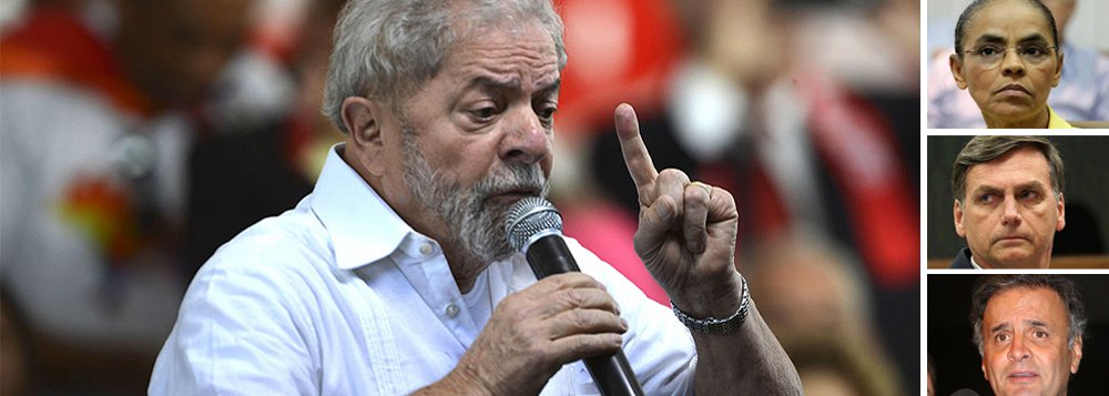 Perseguição judicial, que ficou escancarada com a decisão de ontem do Supremo Tribunal Federal, não foi suficiente para derrubar o ex-presidente Luiz Inácio Lula da Silva; pesquisa CNT/MDA mostra que Lula lidera a preferência do eleitor brasileiro, com 30,5% de intenções de voto; a ex-senadora Marina Silva (Rede) e o deputado Jair Bolsonaro (PSC) brigam pelo segundo lugar, com 11,8% e 11,3%, respectivamente; senador Aécio Neves (PSDB), articulador do golpe, aparece em terceiro, com 10,1%; Ciro Gomes (PDT) vem em quarto lugar, com 5%; Michel Temer tem apenas 3,7% de intenções; Lula lidera em todos os cenários para primeiro turno
