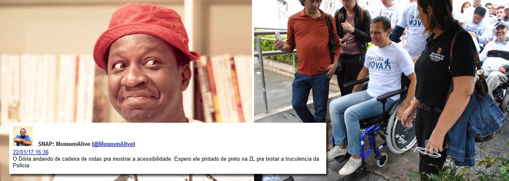 Depois que o prefeito João Doria se fantasiou de cadeirante para testar a acessibilidade das ruas de São Paulo, o perfil Mussum Alive, do Twitter, lhe deu uma nova sugestão: pintar-se de preto para testar a violência policial