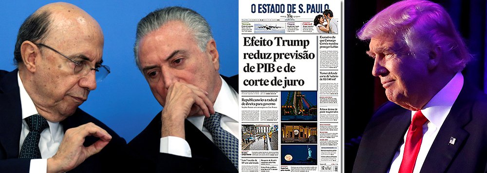 Arruinada pelo golpe parlamentar de 2016, a economia brasileira encontrou agora um bode expiatório para sua incapacidade de reagir: Donald Trump; pelo menos é essa a versão dos meios de comunicação que se associaram a esse processo; na manchete do Estado de S. Paulo desta terça-feira, "informa-se" que, em razão do "efeito Trump", o crescimento será ainda menor em 2017 – em vez de 1,20%, apenas 1,13%; ou seja: uma diferença de gigantescos!!! 0,07 pontos; há mais de seis meses no poder, a dupla Temer-Meirelles piorou quase todos os indicadores econômicos e ainda não indiciou um caminho para a retomada do crescimento