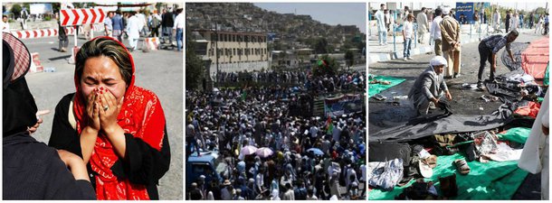 O ministério do Interior do Afeganistão emitiu uma proibição de concentrações públicas de todos os tipos para os próximos 10 dias, após ataque terrorista que matou 80 pessoas durante um protesto pacífico em Cabul; o ataque de um homem-bomba foi reivindicado pelo grupo Estado Islâmico; outras 231 pessoas ficaram feridas.