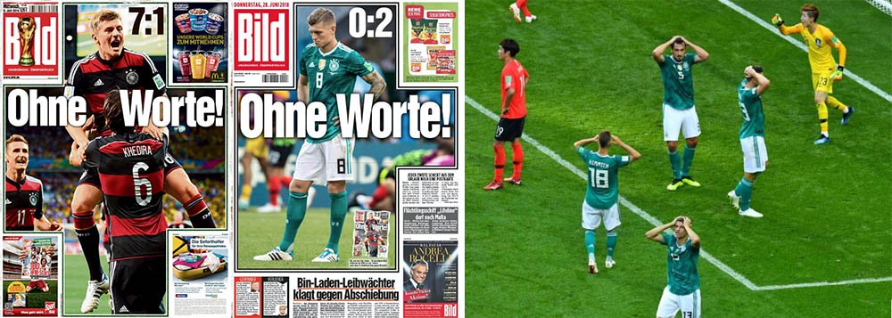 Jornal alemão "Bild", de maior circulação na Europa, reeditou nesta quarta-feira, 27, a própria capa de quatro anos atrás, quando a Alemanha venceu o Brasil por 7 a 1, para falar sobre a derrota da atual campeã do mundo para a Coreia do Sul e sua eliminação da Copa do Mundo da Rússia; "Sem palavras", diz o jornal