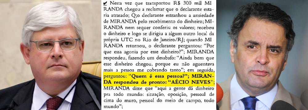 Nesta quarta-feira, o senador Aécio Neves (PSDB-MG) apareceu pela segunda vez na Operação Lava Jato; na primeira, quando foi citado pelo doleiro Alberto Youssef como responsável pela montagem de um 'mensalão' em Furnas, durante o governo FHC, o procurador-geral Rodrigo Janot pediu o arquivamento do seu caso; agora, a denúncia é mais recente: um entregador de dinheiro de Youssef diz ter levado R$ 300 mil a um diretor da UTC, para que este depois repassasse a propina ao senador tucano, em 2013; agora, Janot, que prometeu bater "tanto em Chico como em Francisco", poderá pedir um segundo arquivamento ou terá a oportunidade de esclarecer o caso ouvindo o "Miranda da UTC", que mencionou o presidente nacional do PSDB