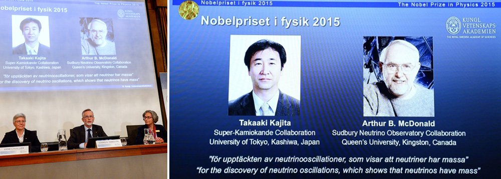 O japonês Takaaki Kajita e o canadense Arthur B. McDonald foram premiados "pela descoberta das oscilações dos neutrinos, que demonstram que as partículas têm massa", o que permite compreender o funcionamento interno da matéria e, dessa forma, conhecer melhor o universo