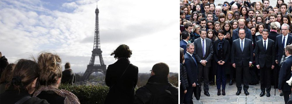Em vários pontos do mundo, pessoas fizeram um minuto de silêncio em homenagem aos 129 mortos e mais de 350 feridos nos atentados de Paris da noite de sexta-feira 13; o presidente francês, François Hollande, prestou a homenagem junto com seus ministros na Universidade de Sorbonne, na capital francesa