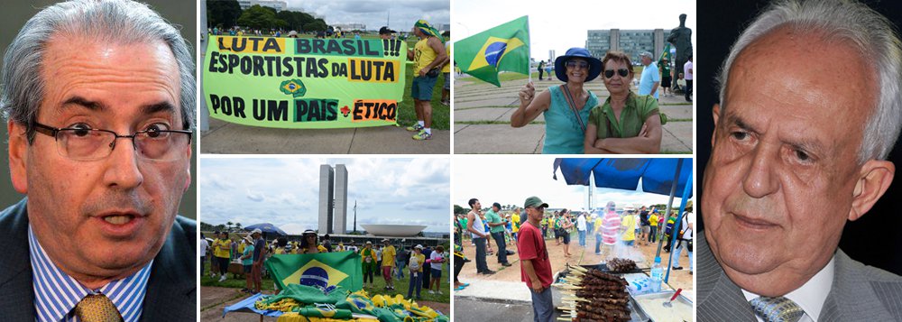 Com o fracasso retumbante das manifestações pró-golpe neste domingo 13, a oposição coloca em prática nesta semana um plano que prevê preservar o presidente da Câmara, Eduardo Cunha (PMDB-RJ), ao mesmo tempo em que salva o processo de impeachment da presidente Dilma Rousseff; isso porque se chegou a um consenso, entre oposição e mídia, de que o golpe é inviável tendo à frente um parlamentar com tantas acusações de corrupção e de interferência em investigações; estratégia é que Cunha renuncie ao cargo, salvando o mandato, para que depois se convoque novas eleições e seja eleito Jarbas Vasconcelos (PMDB-PE), dando sequência ao processo; acordo já estaria adiantado em Brasília
