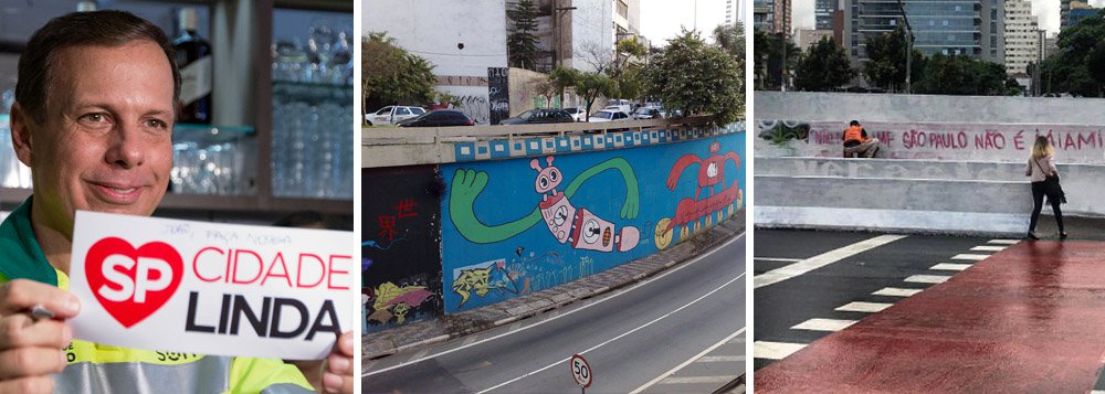 "Amo a arte. Sou totalmente a favor da arte urbana, com muralistas e o grafite. Só entendo que precisa ter disciplina. Não pode a cidade inteira estar grafitada. Até porque estabelece uma conexão com aqueles que julgam o que fazem como arte. E não é. Pichador não é artista. É agressor", declarou o prefeito de São Paulo, João Doria; tucano, que se define como "um grande zelador" da cidade, diz que a pichação que mais o incomodou na capital paulista foi a da ponte estaiada; "Aquilo foi um absurdo", afirma; neste fim de semana, a cantora Zelia Duncan e diversos outros artistas criticaram o prefeito por pintar muros da cidade que estavam grafitados e dar tanta atenção no combate aos pichadores