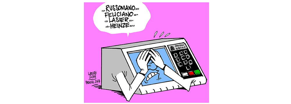 Cartunista Carlos Latuff retrata o desespero do eleitor brasileiro com deputados e senadores eleitos, como Marco Feliciano (PSC-SP), terceiro colocado em São Paulo e conhecido por suas posições homofóbicas, e Luís Carlos Heinze (PP), eleito "racista do ano" por ONG inglesa, campeão de votos gaúchos e eleito para o quinto mandato como deputado federal