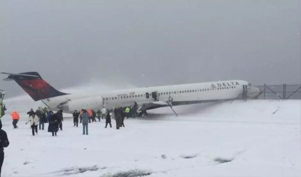 Um avião da Delta Air Lines deslizou na pista do Aeroporto LaGuardia, em Nova York, ao pousar sobre a neve nesta quinta-feira, 5, de acordo com a Administração Federal de Aviação; não houve relatos sobre feridos e o aeroporto foi fechado por causa do incidente envolvendo o voo 1086; oram cancelados 3.697 voos e os aeroportos de Dallas, Washington, Filadélfia e da região metropolitana de Nova York foram os mais prejudicados; estado norte-americano do Kentucky chegou a acumular 55 centímetros de neve