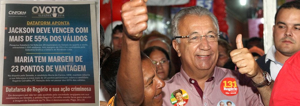 Pesquisa Dataform, divulgada neste sábado (4) pelo jornal Cinform, mostra que o governador Jackson Barreto (PMDB) caminha para ser reeleito com facilidade neste domingo, com 55,04% dos votos válidos; o candidato do PSC a governador, Eduardo Amorim, terá 37,15% dos válidos; a candidata Sônia Meire (PSOL) terá 6,32% dos válidos, enquanto Betinho (PTN) somará 1,09% e Airton (PPL) terá 0,4%. Os votos válidos são o total de votos desconsiderando os votos nulos e brancos