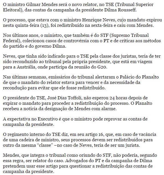 A boa notícia é que, segundo essa e outras fontes, as contas de campanha de Dilma apresentam uma higidez muito grande. Gilmar correrá um grande risco tentando distorcer alguma coisa