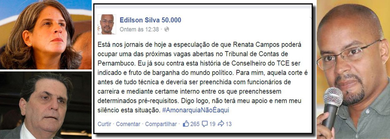 A especulação em torno da ex-primeira dama de Pernambuco e viúva do ex-governador Eduardo Campos (PSB) ser indicada como conselheira do TCE mexeu com os brios políticos estaduais; o deputado estadual eleito Edilson Silva (PSOL) criticou a possibilidade e afirmou ser “contra esta história de Conselheiro do TCE ser indicado e fruto de barganha do mundo político”; o prefeito de São Lourenço da Mata, considerado um dos homens de confiança de Campos, saiu em defesa da viúva e chamou o parlamentar de “incompetente”, “imbecil” e disse que ele deveria “lavar a boca quando falar da família Campos”