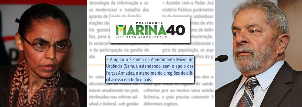Plano de governo de Marina Silva é uma sequência de imitações; candidata do PSB também reproduziu, na íntegra, três propostas de Lula para a saúde em 2006; em um dos textos copiados, promete "ampliar o Sistema de Atendimento Móvel de Urgência (Samu), estendendo, com o apoio das Forças Armadas, o atendimento a regiões de difícil acesso"; o texto também aproveita trechos de um discurso feito por ela há mais de quatro anos, em Nova York; outras acusações foram de plágio de trechos inteiros do capítulo "Educação, cultura e ciência, Tecnologia e Inovação" de um artigo da USP sem citar a fonte e o autor; e ainda de parte do Programa Nacional de Direitos Humanos (PNDH), lançado por FHC em 2002