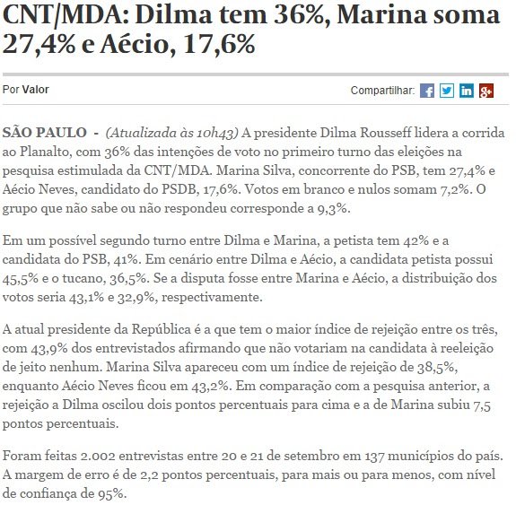 Contudo, os números dessa pesquisa ainda não são tão bons para Dilma quanto dizem que são os do Vox Populi, que, por alguma razão misteriosa, deixaram de ser apresentados pelo Jornal da Record