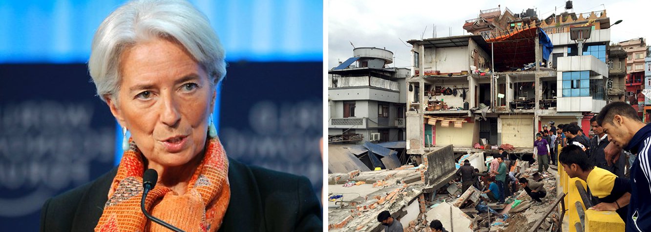 Fundo Monetário Internacional (FMI) informou que estava pronto para enviar uma equipe ao Nepal para avaliar as necessidades financeiras após o terremoto que matou mais de 2.400 pessoas e devastou o Vale de Kathmandu; "Um time do FMI está pronto para visitar o Nepal a curto prazo e ajudar o governo a avaliar a situação macroeconômica e determinar eventuais necessidades de financiamento", disse a diretora-gerente Christine Lagarde