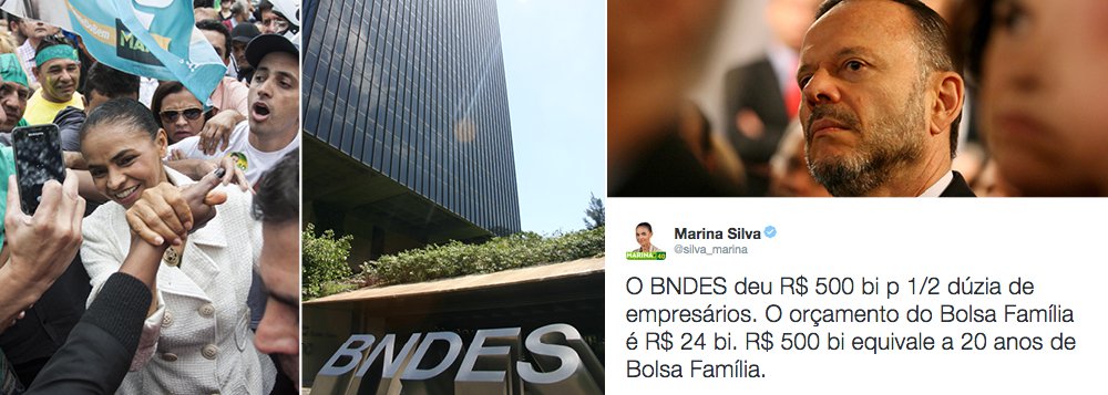 Um tweet infeliz de Marina Silva, publicado neste sábado no Twitter, está gerando polêmica nas redes sociais; "O BNDES deu R$ 500 bi para 1/2 dúzia de empresários. O orçamento do Bolsa Família é R$ 24 bi. R$ 500 bi equivale a 20 anos de Bolsa Família", disse a candidata do PSB; internautas lembraram em peso que o BNDES, presidido pelo economista Luciano Coutinho, não dá dinheiro; ao contrário, empresta, mediante garantias, e recebe os recursos de volta; tanto é assim que tem dado lucro nos últimos anos; visão distorcida e preconceituosa sobre o papel dos bancos públicos afasta a candidata dos eleitores e também do setor empresarial; "Só quem dá dinheiro é Neca Setúbal, a educadora. E pra você", lembrou o blogueiro Miguel do Rosário