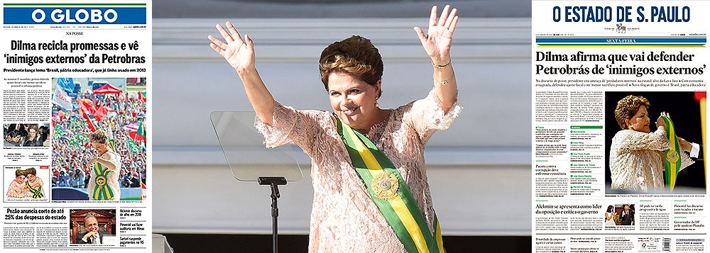 Jornais conservadores, como Globo e Estado, destacam o ponto mais importante do discurso de posse da presidente Dilma Rousseff, que trata da defesa da Petrobras de seus 'predadores internos e inimigos externos', para ironizá-lo, como se não houvesse, nos meios de comunicação, uma torcida organizada contra a estatal e que defende interesses antinacionais; para quem não se lembra, o Globo, dos irmãos Marinho, foi o primeiro veículo a explicitar que a Lava Jato obrigaria a Petrobras a abrir o pré-sal aos estrangeiros; ontem, empossada para mais quatro anos, Dilma deixou claro que o regime de partilha do petróleo continuará em vigor; inimigos externos não gostaram