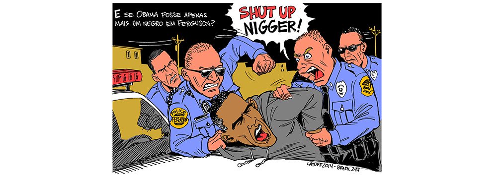 Cartunista Carlos Latuff retrata o caso de racismo em Ferguson, nos EUA; milhares saíram às ruas após decisão que inocentou o policial branco responsável pela morte de um jovem negro no estado do Missouri