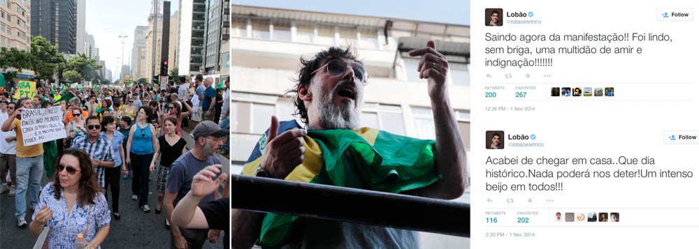 Primeiro, ele prometeu ir embora do Brasil caso a presidente Dilma Rousseff fosse reeleita; com o resultado das urnas, ele mudou de ideia e disse que ficaria no país em nome de uma "verdadeira oposição" que estaria nascendo; neste sábado, Lobão discursou numa manifestação em São Paulo pedindo o impeachment da presidente reeleita; cerca de 2 mil pessoas participaram do ato; pelo Twitter, Lobão disse que "nada poderá deter" o tal movimento; longe dos palcos, Lobão vive sua decadência sem elegância