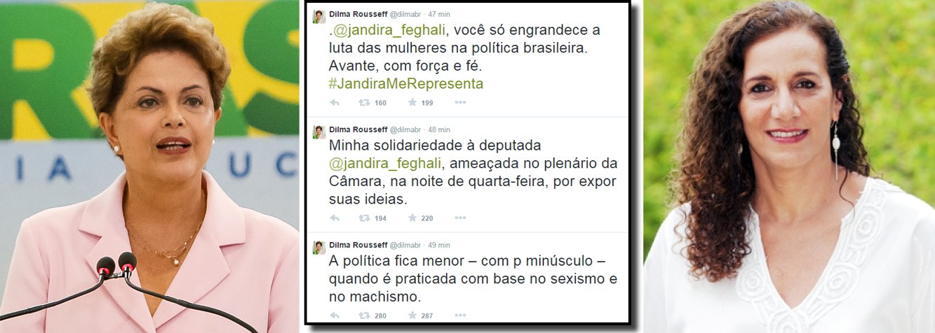 A presidente Dilma Rousseff usou as redes sociais nesta quinta (7) para defender a deputada federal Jandira Feghali (PC do B/RJ), que foi alvo de agressões dos também deputados federais Alberto Fraga (DEM-DF) e Roberto Freire (PPS-SP); "A política fica menor – com p minúsculo – quando é praticada com base no sexismo e no machismo. Minha solidariedade à deputada Jandira Feghali, ameaçada no plenário da Câmara, na noite de quarta-feira, por expor suas ideias. Jandira Feghali, você só engrandece a luta das mulheres na política brasileira. Avante, com força e fé. #JandiraMeRepresenta", publicou Dilma; Jandira foi empurrada por Freire e destratada verbalmente por Fraga, que disse que "mulher que participa da política como homem e fala como homem, também tem que apanhar como homem"