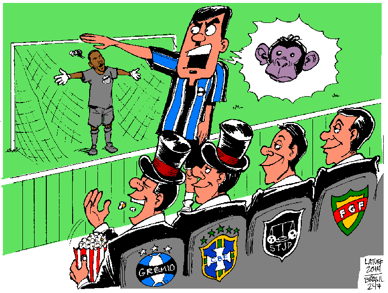 Cartunista critica os dirigentes do futebol em relação ao episódio ocorrido no jogo desta quinta-feira, quando o goleiro do Santos, Aranha, foi chamado de "macaco" e diversos outros xingamentos racistas pela torcida do Grêmi0