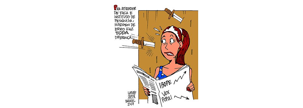 Charge do cartunista Carlos Latuff ironiza as pequenas variações do desempenho dos candidatos nas pesquisas eleitorais, sob o argumento da margem de erro