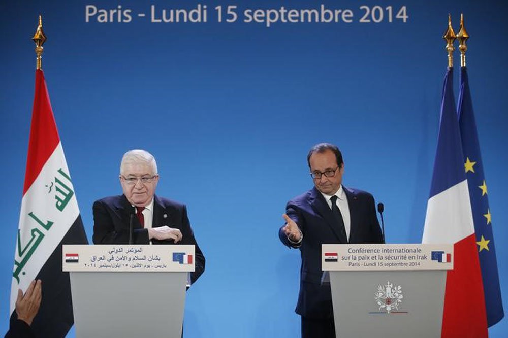 Presidente francÃªs, FranÃ§ois Hollande, e presidente do Iraque, Fuad Masum, na abertura de conferÃªncia sobre o Iraque em Paris. 15/09/2014 REUTERS/Christian Hartmann