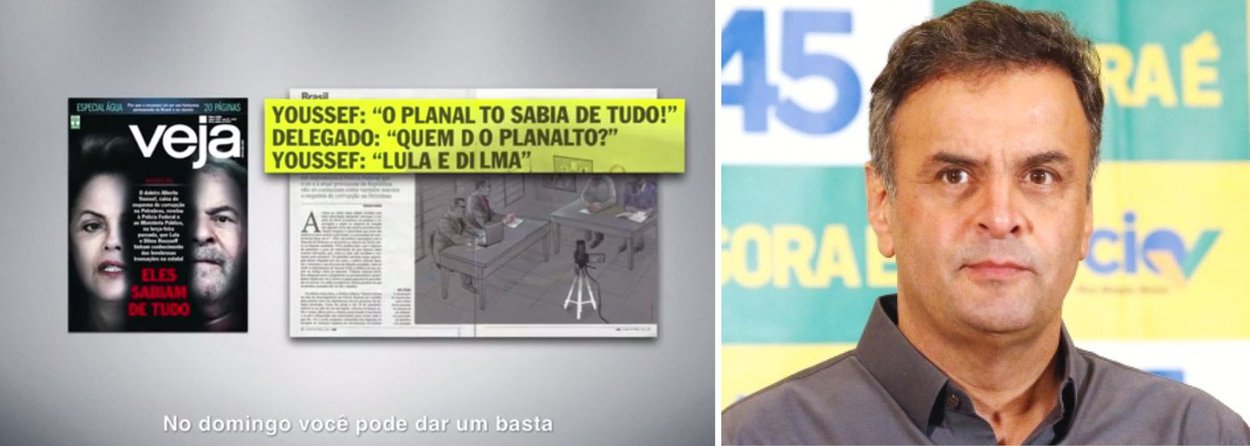 No derradeiro minuto do seu último programa eleitoral na TV, na noite desta sexta (24), o presidenciável Aécio Neves (PSDB) levou a suposta denúncia que foi capa da revista Veja desta semana; no vídeo, o narrador destaca trechos da matéria que diz que a presidente Dilma Rousseff (PT) e o ex-presidente Lula (PT) sabiam do esquema de corrupção que se desenvolveu na Petrobras; "No depoimento, o doleiro foi taxativo: "O Planalto sabia de tudo", destaca o narrador e encerra sugerindo ao eleitor: "No domingo, você pode dar um basta a esses escândalos"; "bala de prata" de Veja não mereceu um mísero registro no Jornal Nacional; revista da Marginal Pinheiros caiu no ridículo com seu atentado terrorista