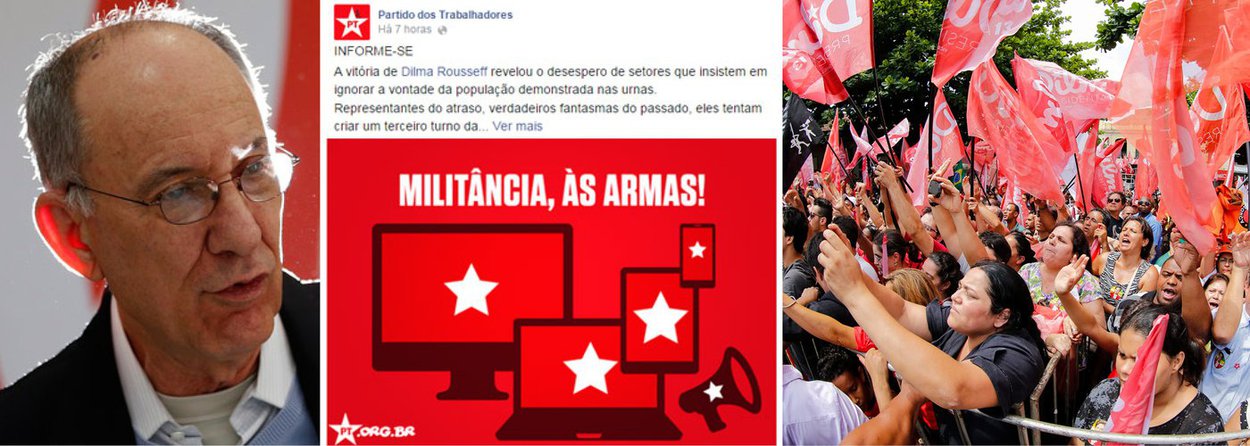 Texto publicado na página do partido no Facebook convoca a militância a se armar "com argumentos para rebater a ignorância nas redes e nas ruas", trazendo imagem de computadores, tablet, celular e megafone; texto diz que "a vitória de Dilma Rousseff revelou o desespero de setores que insistem em ignorar a vontade da população demonstrada nas urnas" e que "representantes do atraso" tentam "criar um terceiro turno da disputa eleitoral ao suscitarem sandices como intervenção militar e até o impeachment da presidenta"; ontem, Executiva do PT, presidido por Rui Falcão, anunciou como prioridade a convocação das massas para um ato na posse e para defender o partido nas redes