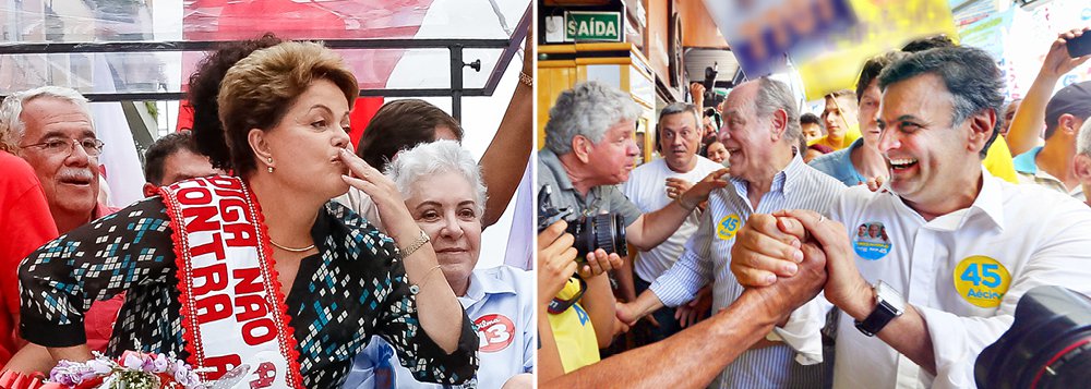 Presidente Dilma Rousseff aparece na frente nas três pesquisas que foram divulgadas nesta noite; no Ibope, sua vantagem é de seis pontos; no Datafolha, de quatro; no Vox Populi, de 6,9 pontos. Ibope coloca a presidente Dilma Rousseff com 53% dos votos, contra 47% do senador Aécio Neves, oscilação ocorreu dentro da margem de erro; na pesquisa anterior, Dilma tinha 54% e Aécio 46%; na pesquisa Datafolha, ela tem tem 52%, contra 48% do senador Aécio Neves, o que configura empate técnico, no limite da margem de erro, que é de dois pontos percentuais para mais ou para menos; na Vox, os números são 53,4% a 46,5%; resultado da disputa presidencial mais emocionante de todos os tempos será conhecido neste domingo, às 20h
