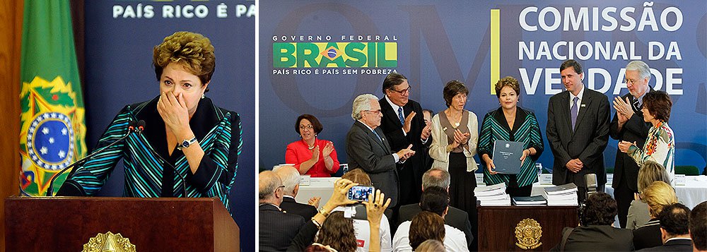 Em discurso durante a cerimônia de entrega do relatório final dos trabalhos da Comissão Nacional da Verdade, em Brasília, presidente se emociona ao falar sobre os parentes das vítimas da ditadura militar, que "continuam sofrendo como se eles morressem de novo, e sempre, a cada dia"; Dilma Rousseff diz que trabalho da comissão, que traz à tona a verdade sobre o período, "fez crescer a possibilidade de o Brasil ter um futuro plenamente democrático e livre de ameaças autoritárias"; ela negou "revanchismo" ou "acerto de contas" e, em meio a manifestações convocadas pela oposição que pedem a volta do regime militar, condenou o retorno de "fantasmas do passado"
