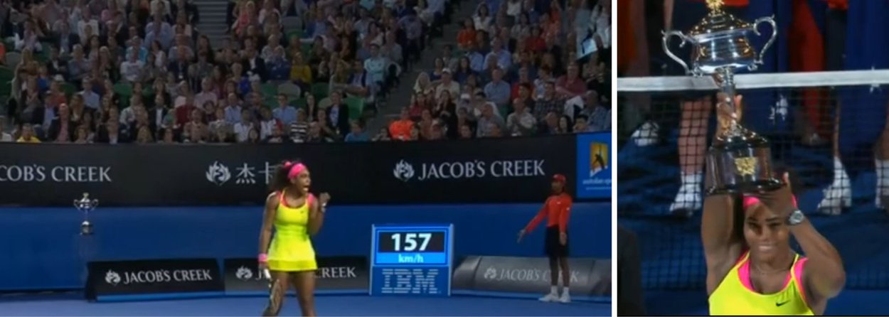 Serena Williams proporcionou mais uma decepção para Maria Sharapova ao vencer o Aberto da Austrália neste sábado (31) e reforçar sua busca para se tornar a maior tenista de todos os tempos com o seu 19º título de um Grand Slam; apesar de estar doente e lutando contra ataques de tosse, Serena mostrou que seu saque continuava poderoso e que sua capacidade atlética era a mesma, enquanto encerrava o confronto nervoso por 6-3 e 7-6 na Rod Laver Arena