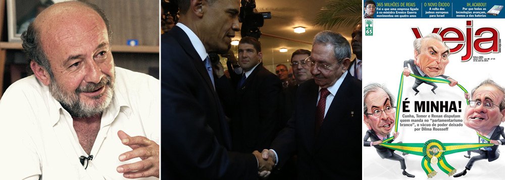 Jornalista diz que, enquanto o "mundo ficou melhor", a exemplo da reaproximação entre Obama e Raúl Castro, o "Brasil está voltando aos tempos de Guerra Fria"; Ricardo Kotscho criticou a nova edição da revista Veja, que, "em sua cada vez mais colérica campanha para derrubar o governo eleito, a decadente revista convoca seus seguidores para as manifestações do 'Fora, Dilma' marcadas para este domingo"