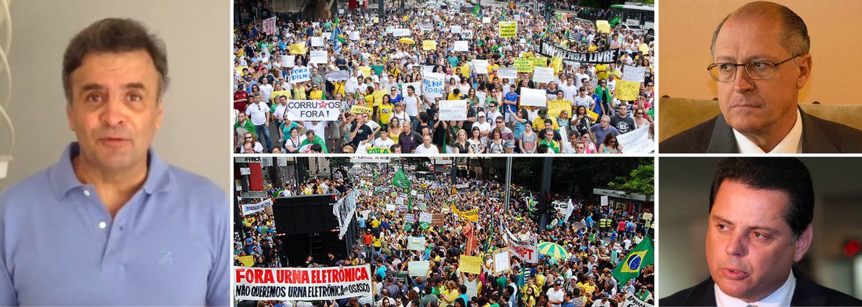 Em vídeo postado nesta sexta-feira, o senador Aécio Neves (PSDB-MG) decidiu convocar um protesto neste sábado em São Paulo e em outras capitais; "Nós já dizíamos que o escândalo da Petrobras é o maior caso de corrupção do Brasil, mas a coisa não para de crescer. E agora estamos sabendo que não era apenas na Petrobras", afirma Aécio; o tucano, no entanto, não menciona a Cemig, joia da cora de Minas, que está citada numa decisão de Sergio Moro por também ter alimentado o esquema do doleiro Alberto Yousseff; exacerbação de Aécio causa constrangimento no próprio PSDB, onde governadores, como Geraldo Alckmin e Marconi Perillo firmam parcerias com o governo Dilma para governar e resolver problemas concretos da população; Aécio parece ter perdido de vez o juízo, passando a agir como arruaceiro
